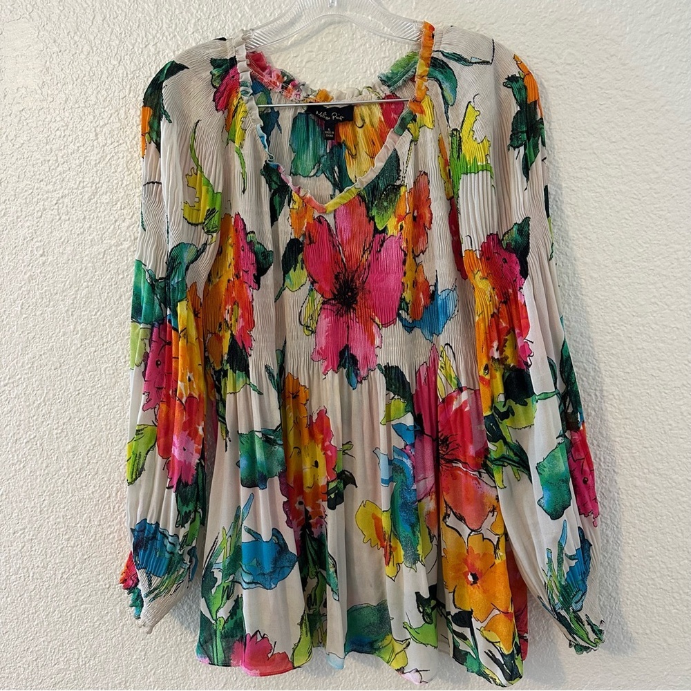 Melissa Paige Vibrant Floral Colorful Pleated Long-Sleeve Blouse Large